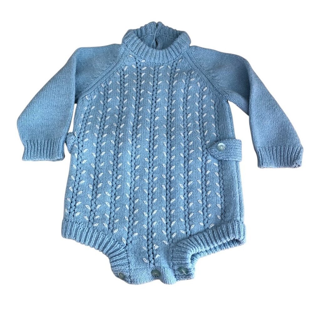 Vintage 60's Blue & White Handmade Cable Knit One Piece Romper Boys 12 M NEW